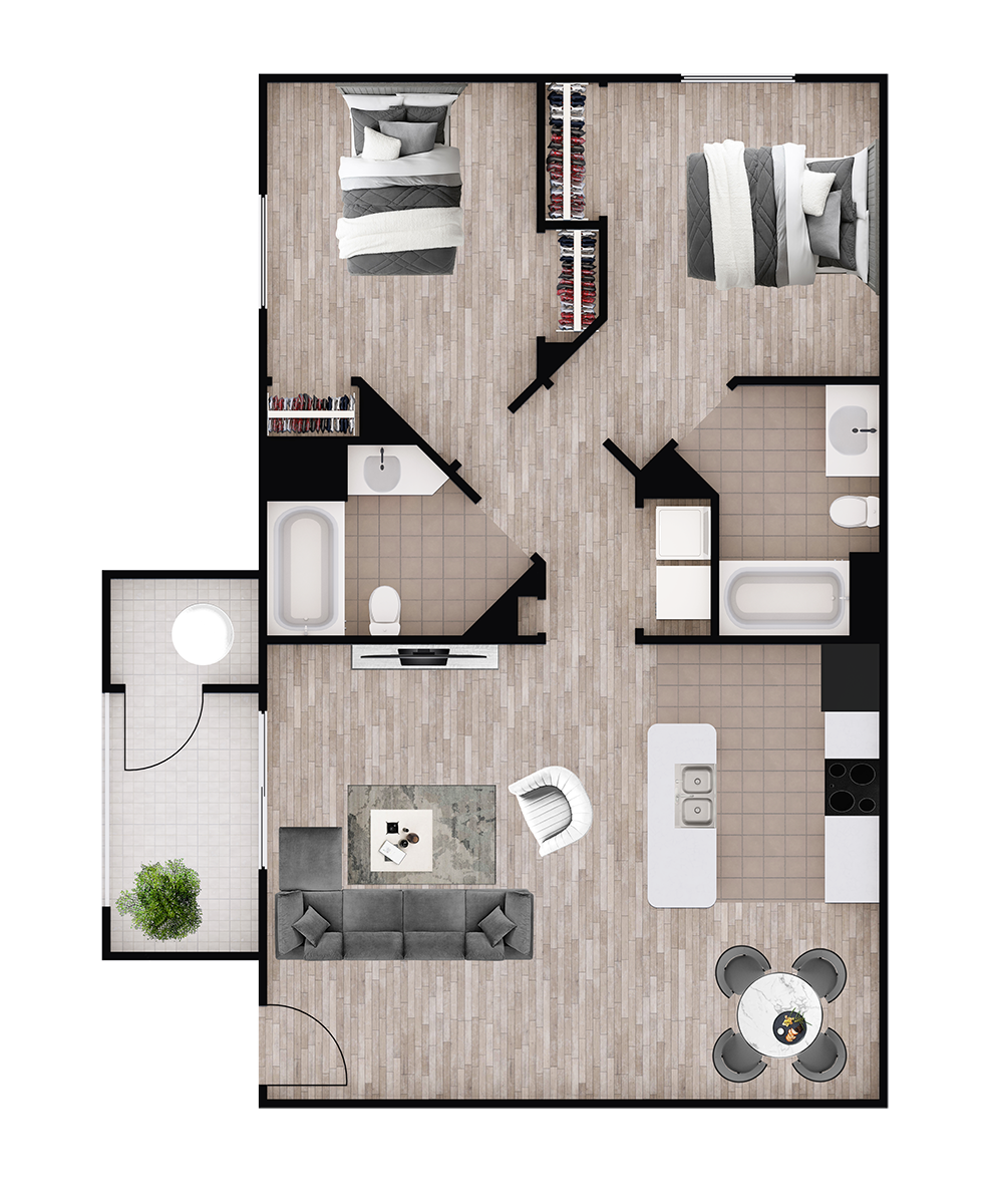 Floor plan for 2 beds, 2 baths, 989 sqft